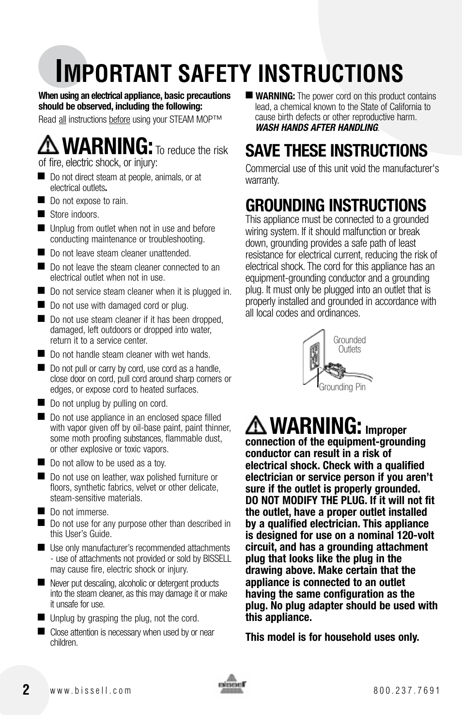 Mportant safety instructions, Warning, Save these instructions | Grounding instructions | Bissell 1867 User Manual | Page 2 / 8