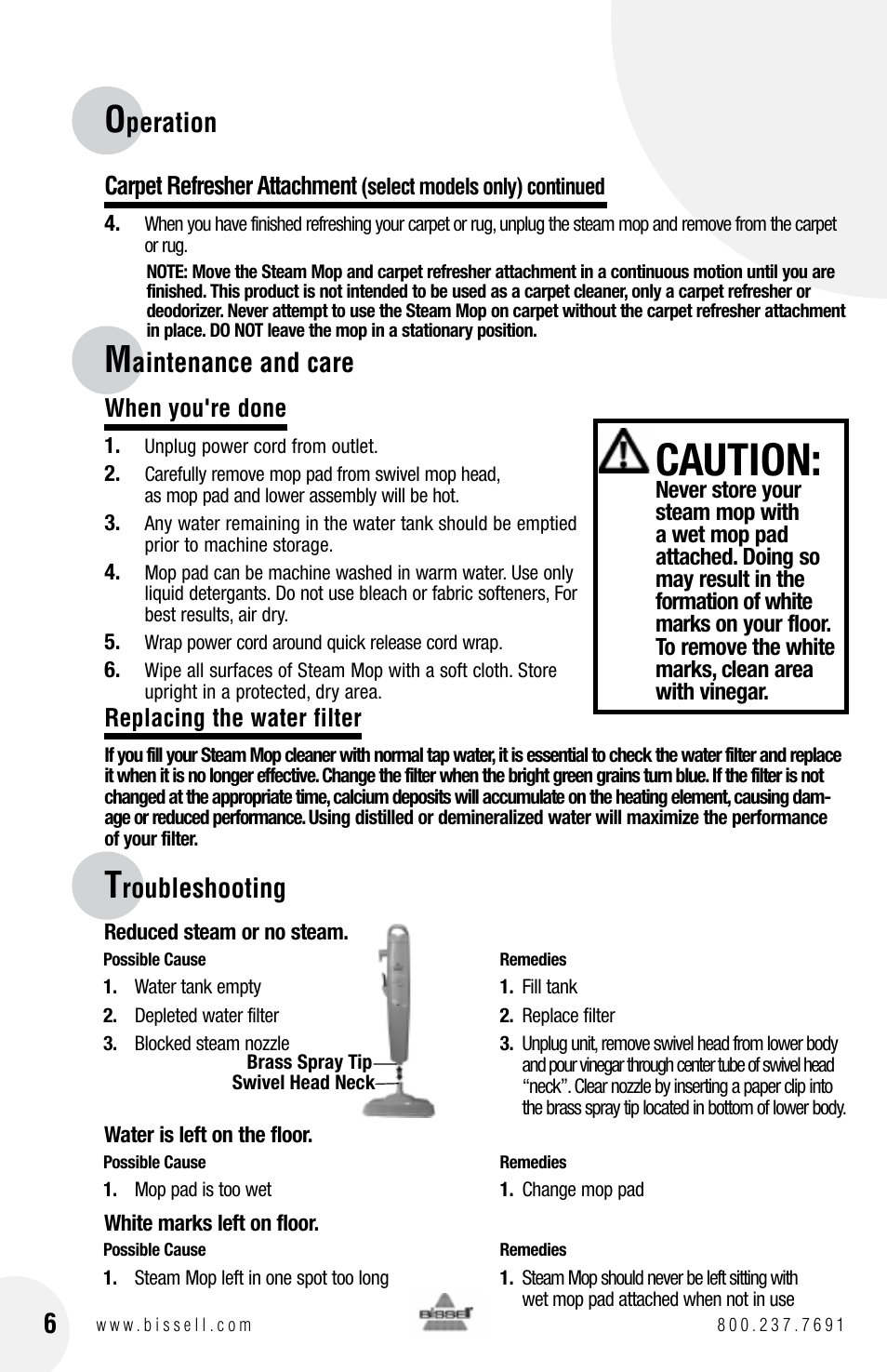 Caution, Peration, Aintenance and care | Roubleshooting | Bissell 1867 User Manual | Page 6 / 8