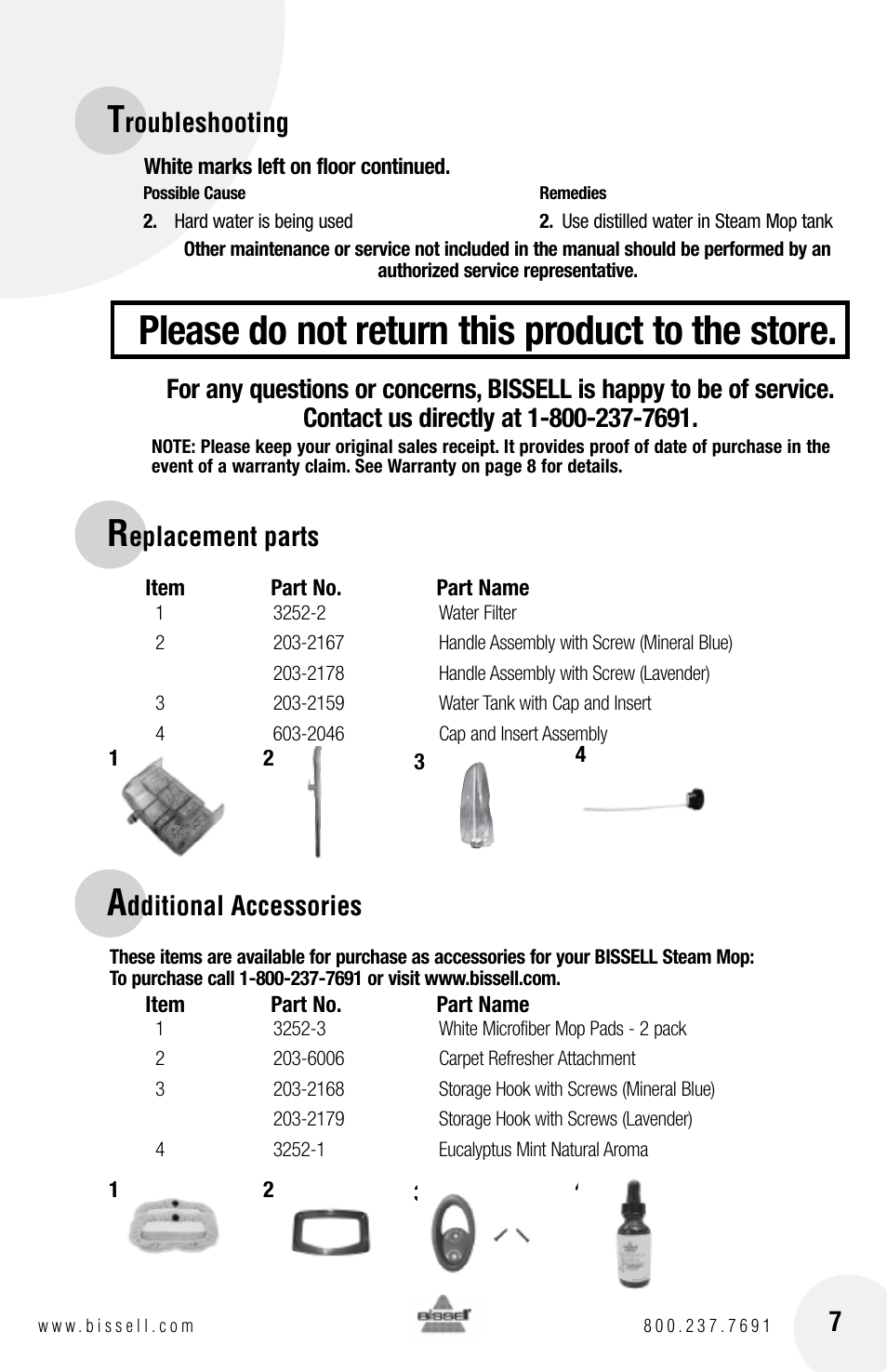 Please do not return this product to the store, Roubleshooting, Eplacement parts | Dditional accessories | Bissell 1867 User Manual | Page 7 / 8