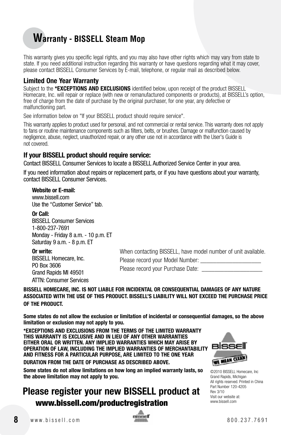 Please register your new bissell product at, Arranty - bissell steam mop | Bissell 1867 User Manual | Page 8 / 8