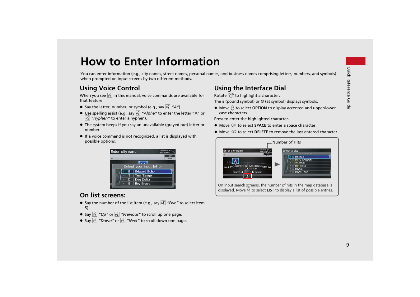 How to enter information, Using voice control, On list screens | Using the interface dial | Acura 2014 TSX - Navigation Manual User Manual | Page 11 / 253