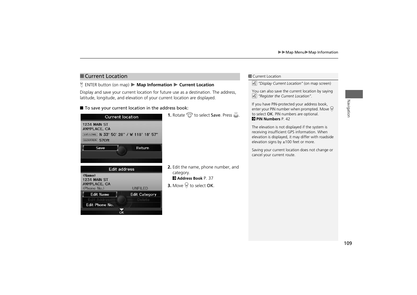 P109), 2 current location, P. 109 | Acura 2014 TSX - Navigation Manual User Manual | Page 111 / 253
