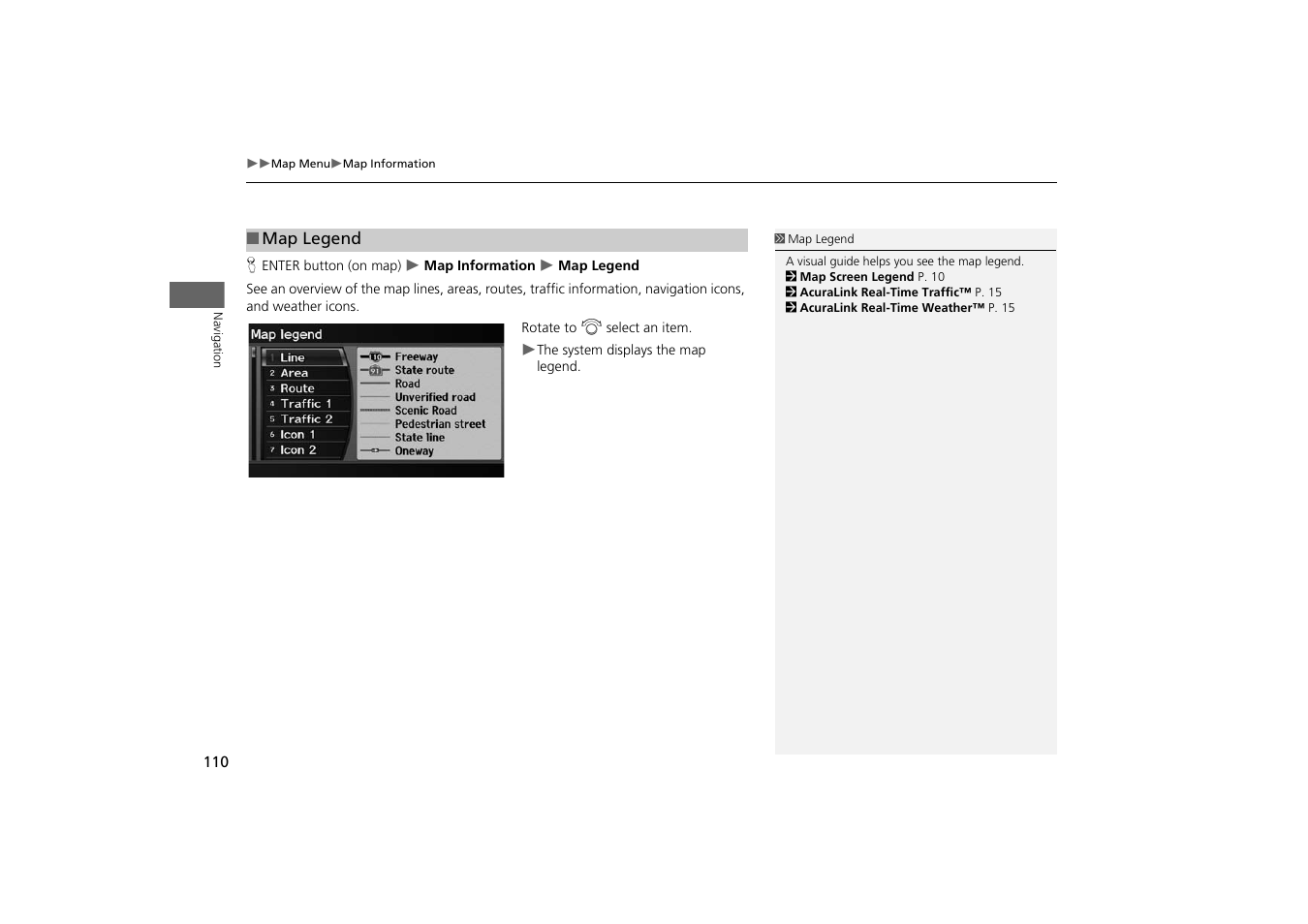 2 map legend, P. 110 | Acura 2014 TSX - Navigation Manual User Manual | Page 112 / 253