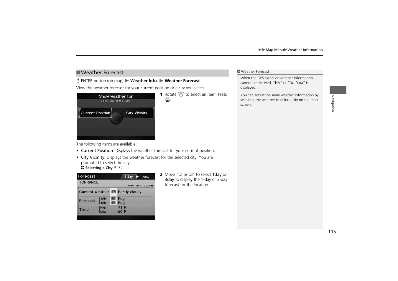 Recast, 2 weather forecast, P. 115 | Acura 2014 TSX - Navigation Manual User Manual | Page 117 / 253