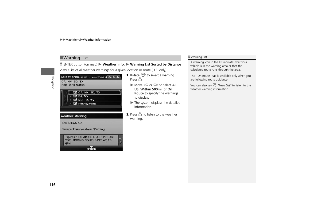P116), Of weather warnings, 2 warning list | P. 116 | Acura 2014 TSX - Navigation Manual User Manual | Page 118 / 253
