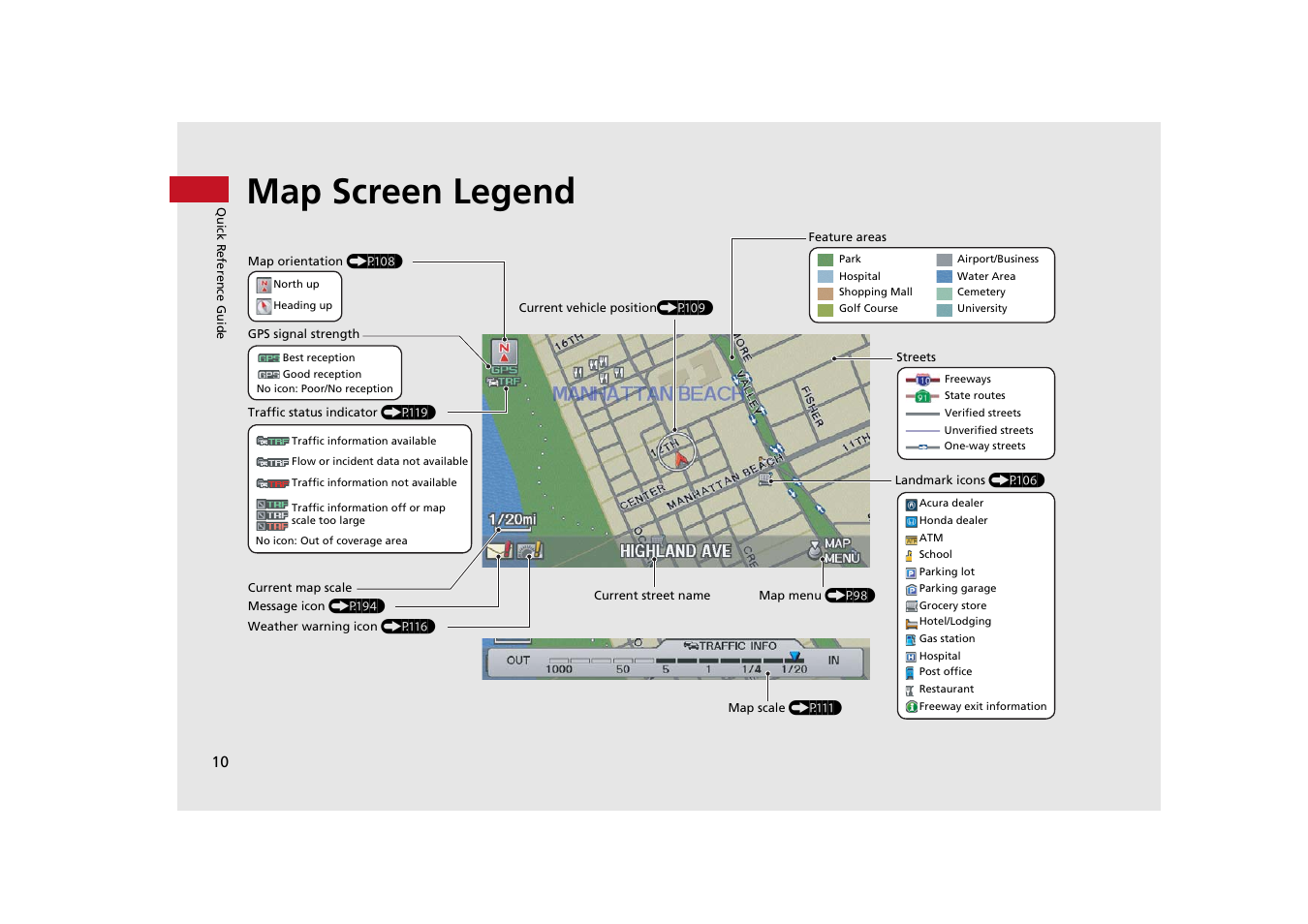Map screen legend | Acura 2014 TSX - Navigation Manual User Manual | Page 12 / 253