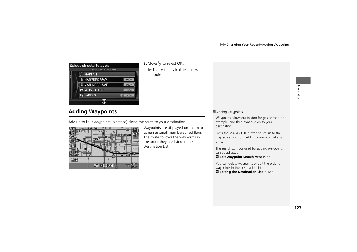 P123), Adding waypoints | Acura 2014 TSX - Navigation Manual User Manual | Page 125 / 253