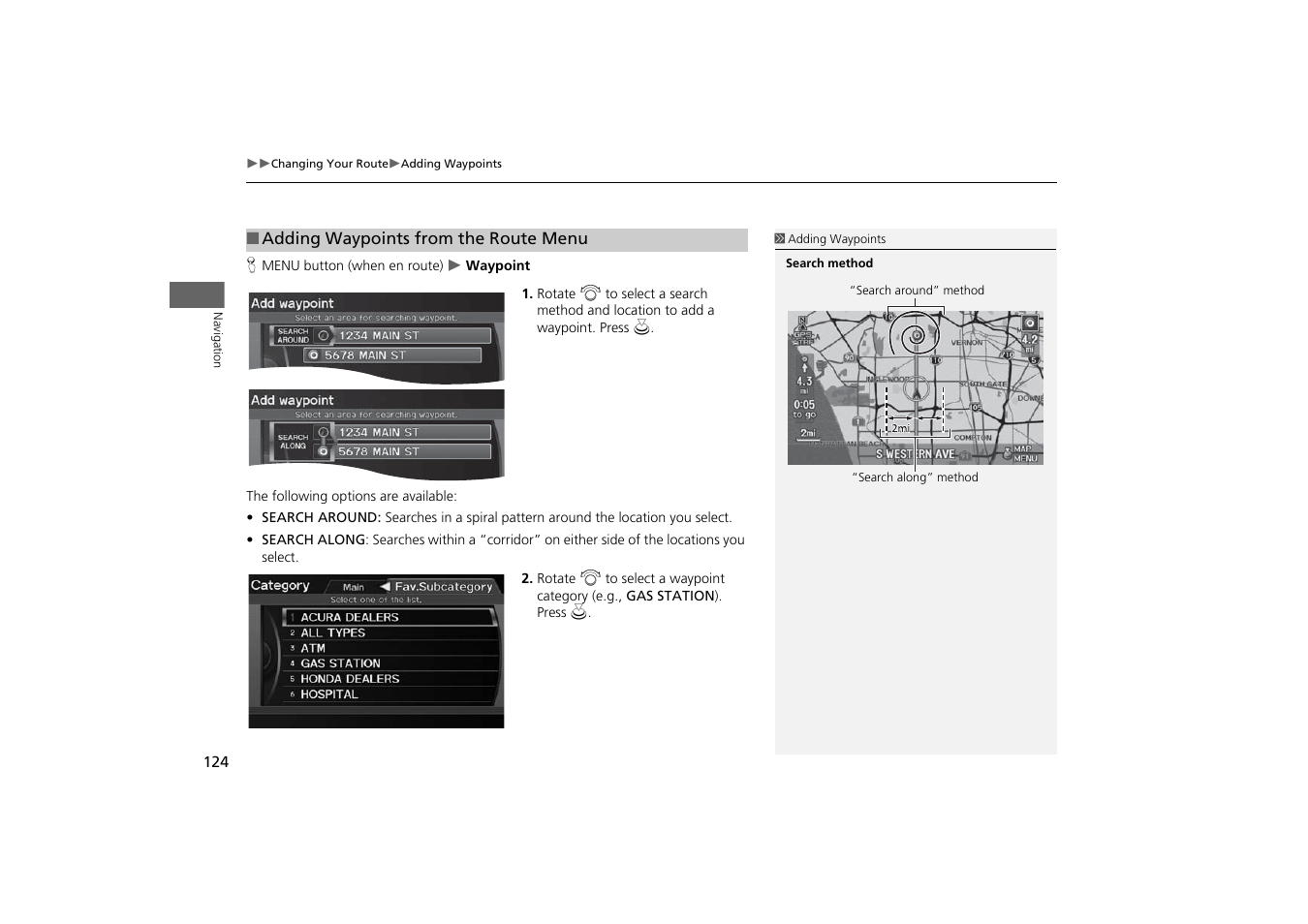 2 adding waypoints from the route menu, P. 124 | Acura 2014 TSX - Navigation Manual User Manual | Page 126 / 253