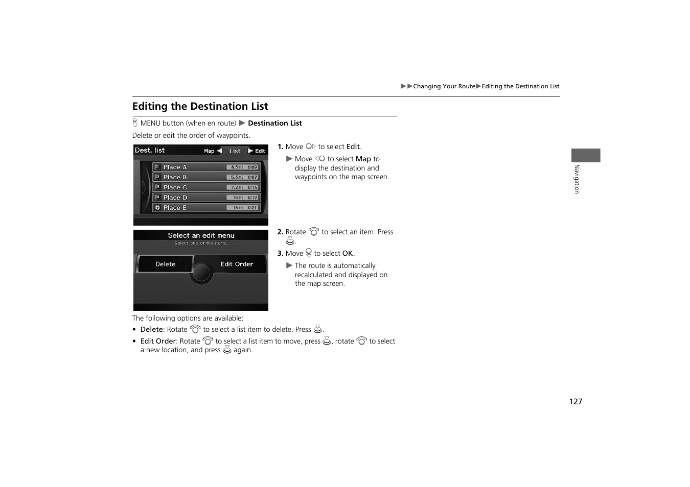 Editing the destination list, 2 editing the destination list p. 127, 2 editing the destination list | P. 127 | Acura 2014 TSX - Navigation Manual User Manual | Page 129 / 253