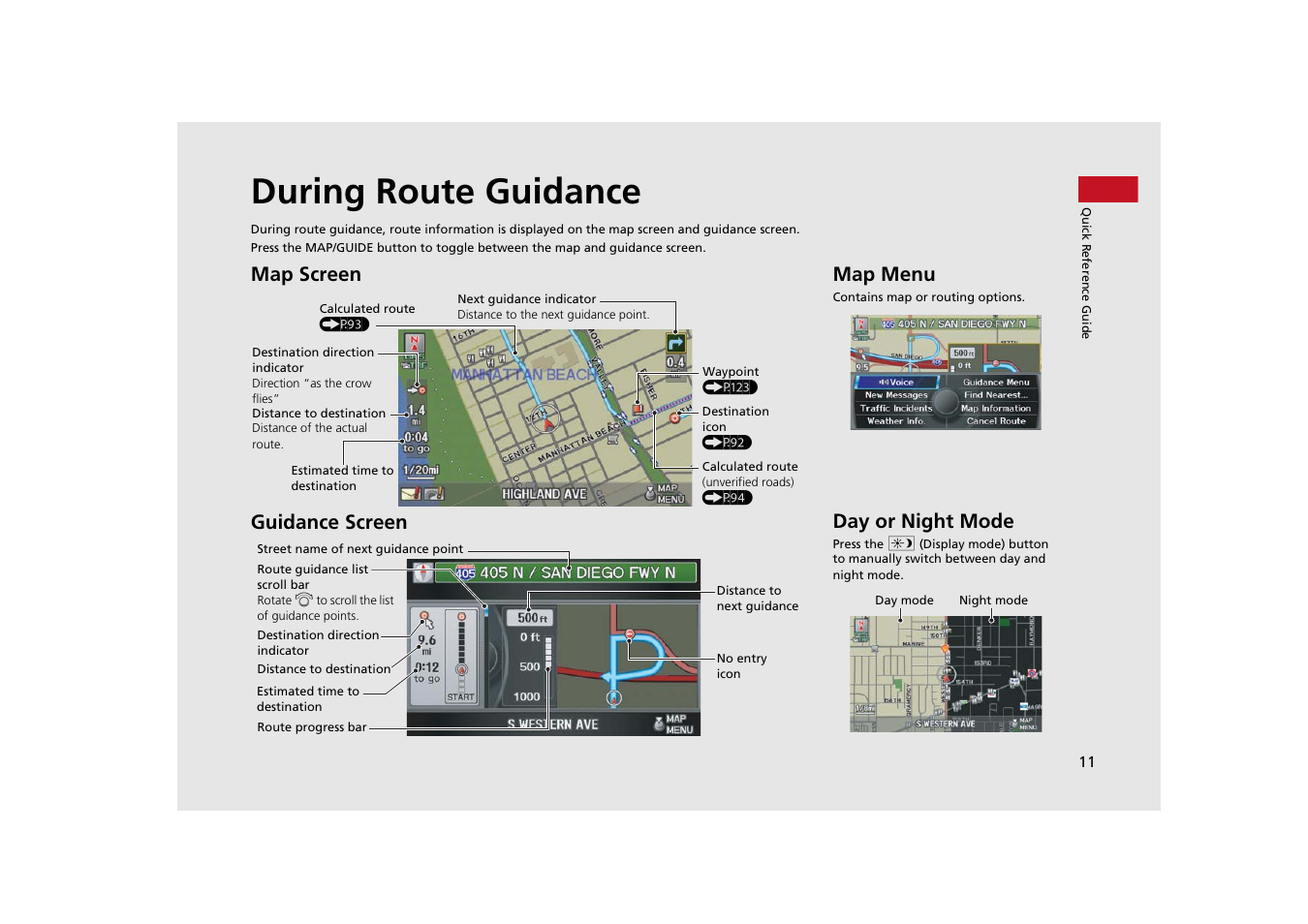 During route guidance, Map screen guidance screen, Map menu | Day or night mode | Acura 2014 TSX - Navigation Manual User Manual | Page 13 / 253