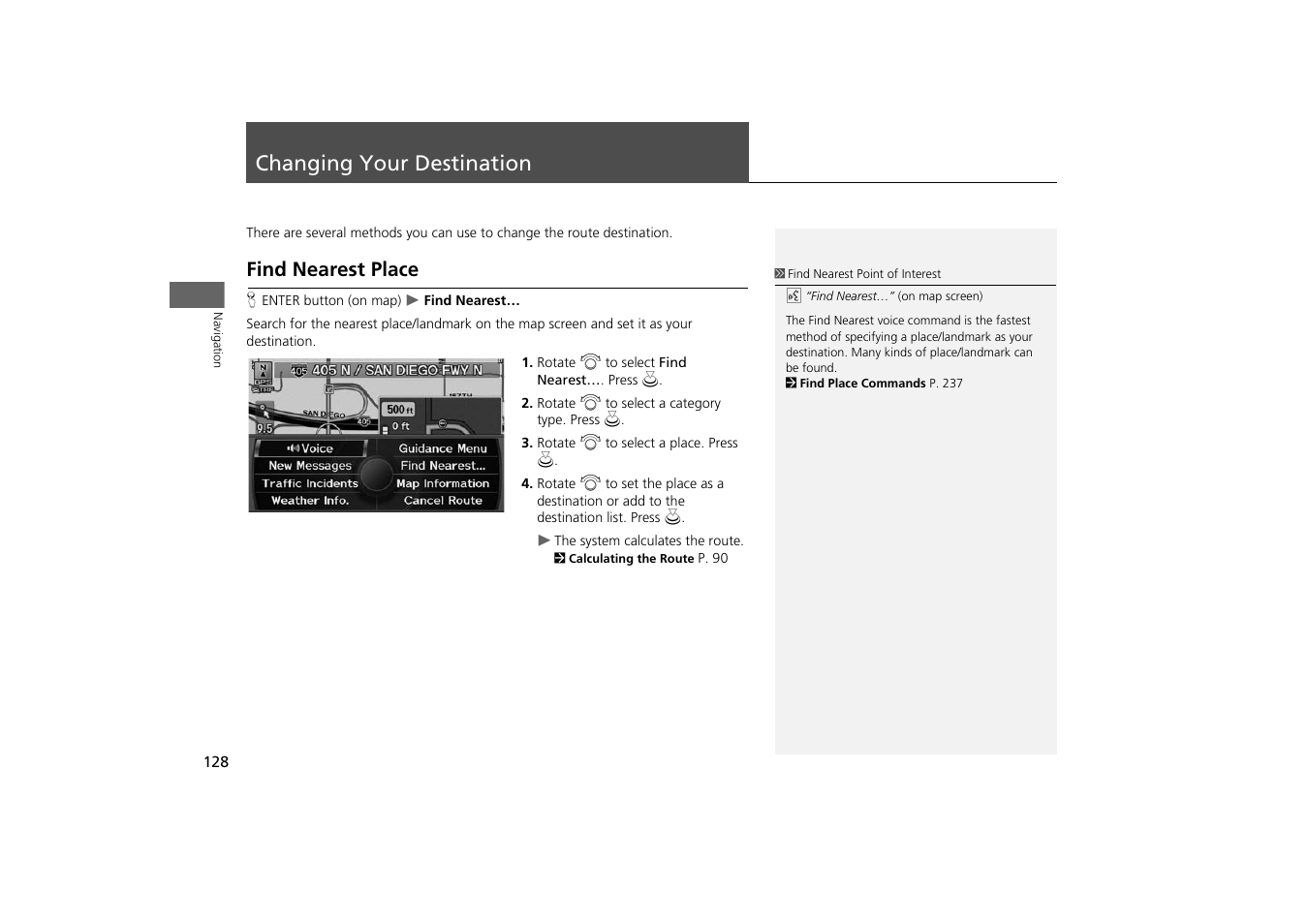Changing your destination 128, P128), Changing your destination | Find nearest place, 2 changing your destination, P. 128 | Acura 2014 TSX - Navigation Manual User Manual | Page 130 / 253