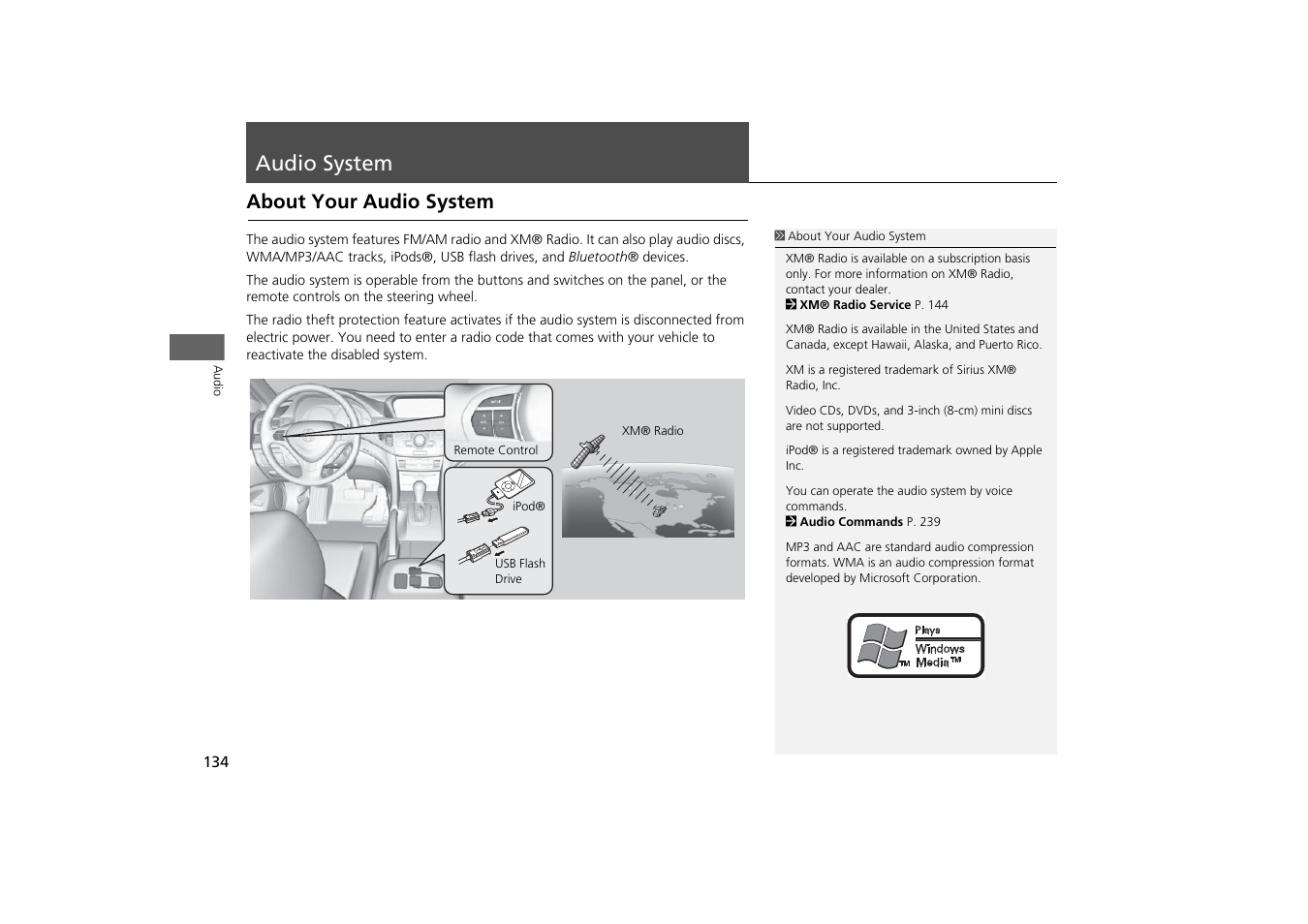 Audio system 134, Audio system, About your audio system | Acura 2014 TSX - Navigation Manual User Manual | Page 136 / 253