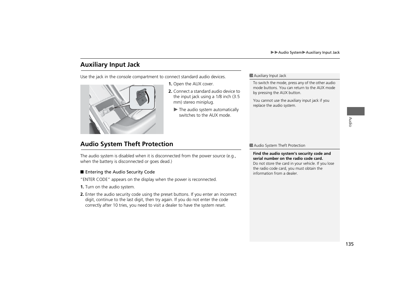 Auxiliary input jack audio system theft protection, Auxiliary input jack, Audio system theft protection | Acura 2014 TSX - Navigation Manual User Manual | Page 137 / 253