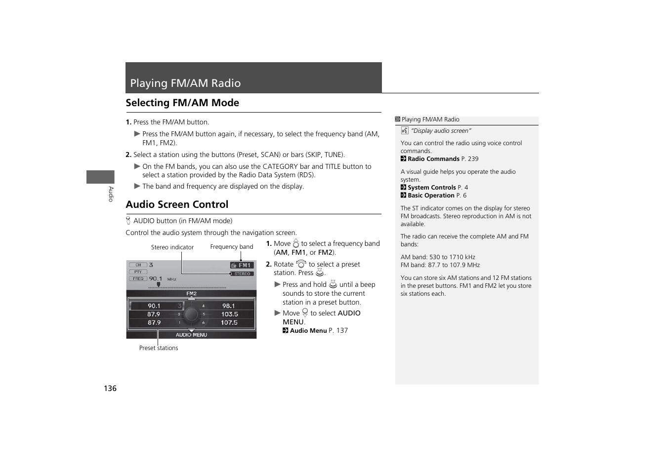 Playing fm/am radio 136, P136), Playing fm/am radio | Selecting fm/am mode audio screen control, Selecting fm/am mode, Audio screen control | Acura 2014 TSX - Navigation Manual User Manual | Page 138 / 253