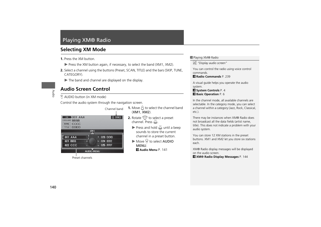 Playing xm® radio 140, P140), Playing xm® radio | Selecting xm mode audio screen control, Selecting xm mode, Audio screen control | Acura 2014 TSX - Navigation Manual User Manual | Page 142 / 253