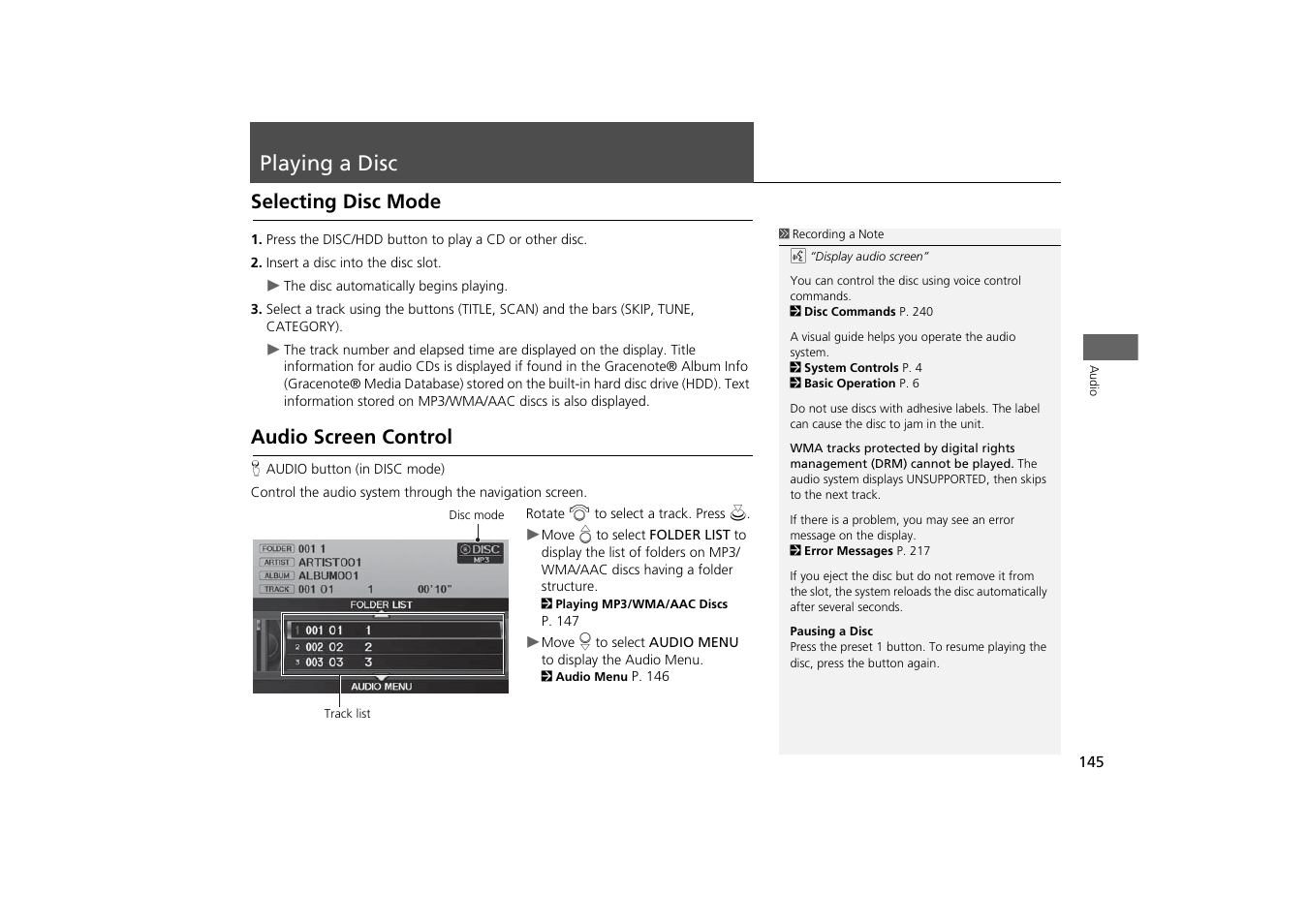 Playing a disc 145, P145), Button | Compact disc, Playing a disc, Selecting disc mode audio screen control, Selecting disc mode, Audio screen control | Acura 2014 TSX - Navigation Manual User Manual | Page 147 / 253