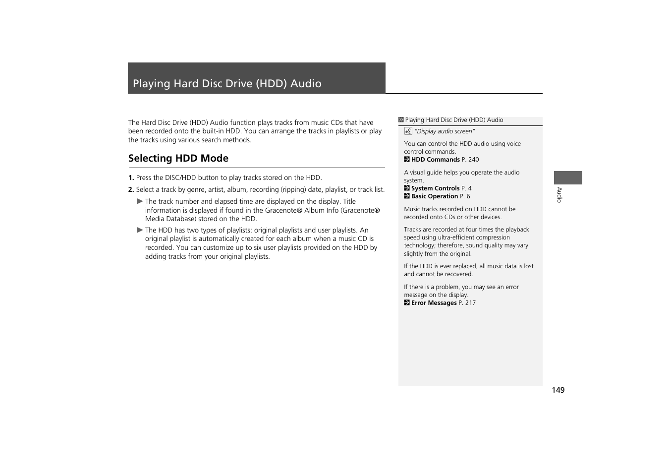 Playing hard disc drive (hdd) audio 149, P149), Hard disk drive (hdd) | Playing hard disc drive (hdd) audio, Selecting hdd mode | Acura 2014 TSX - Navigation Manual User Manual | Page 151 / 253