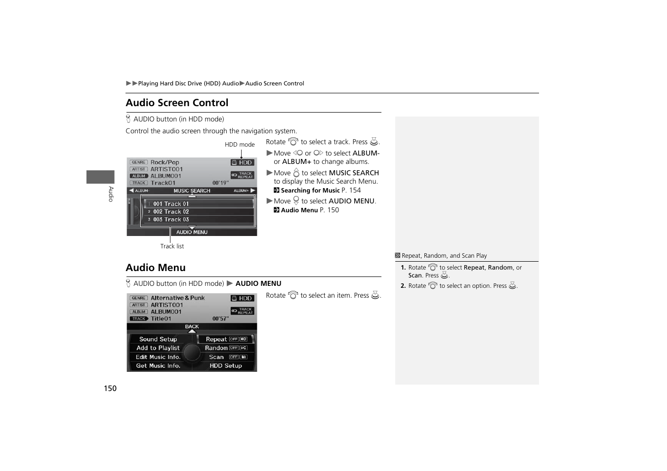 Audio screen control audio menu, Audio screen control, Audio menu | Acura 2014 TSX - Navigation Manual User Manual | Page 152 / 253