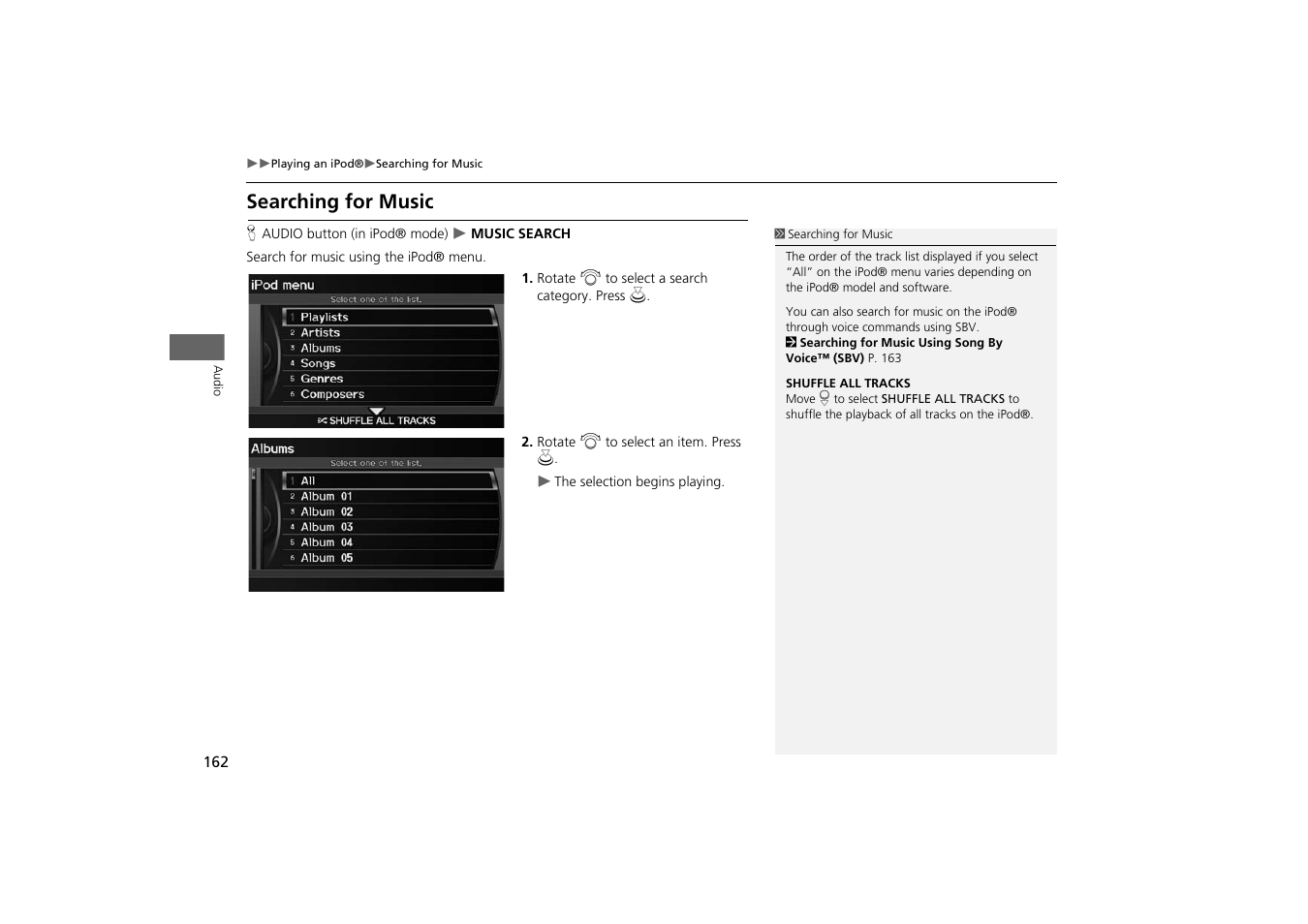 Searching for music, 2 searching for music, P. 162 | Acura 2014 TSX - Navigation Manual User Manual | Page 164 / 253