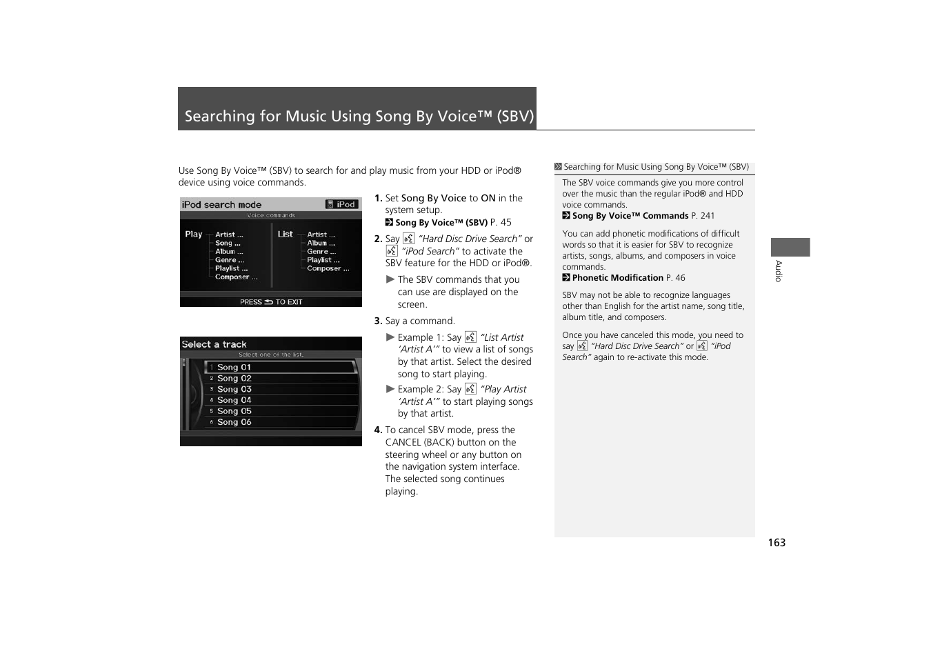 Searching for music using song by voice™ (sbv) 163, Searching for music using song by voice, Sbv) | Searching for music using song by voice™ (sbv) | Acura 2014 TSX - Navigation Manual User Manual | Page 165 / 253