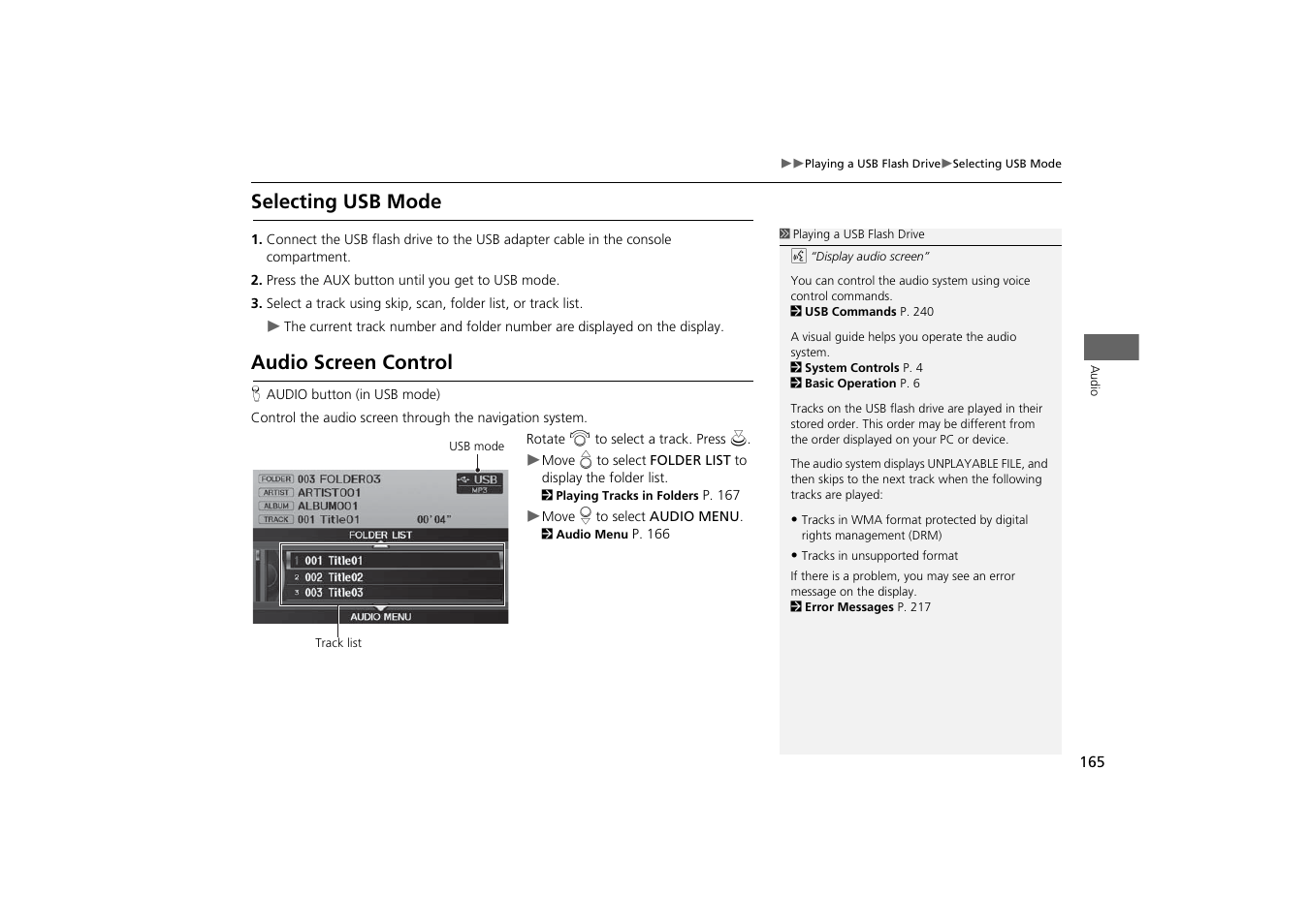 Selecting usb mode audio screen control, Selecting usb mode, Audio screen control | Acura 2014 TSX - Navigation Manual User Manual | Page 167 / 253