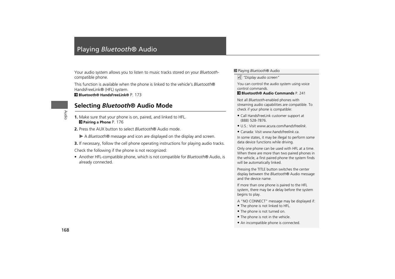 Playing bluetooth® audio 168, P168), Playing bluetooth® audio | Selecting bluetooth® audio mode, Playing bluetooth ® audio, Selecting bluetooth ® audio mode | Acura 2014 TSX - Navigation Manual User Manual | Page 170 / 253