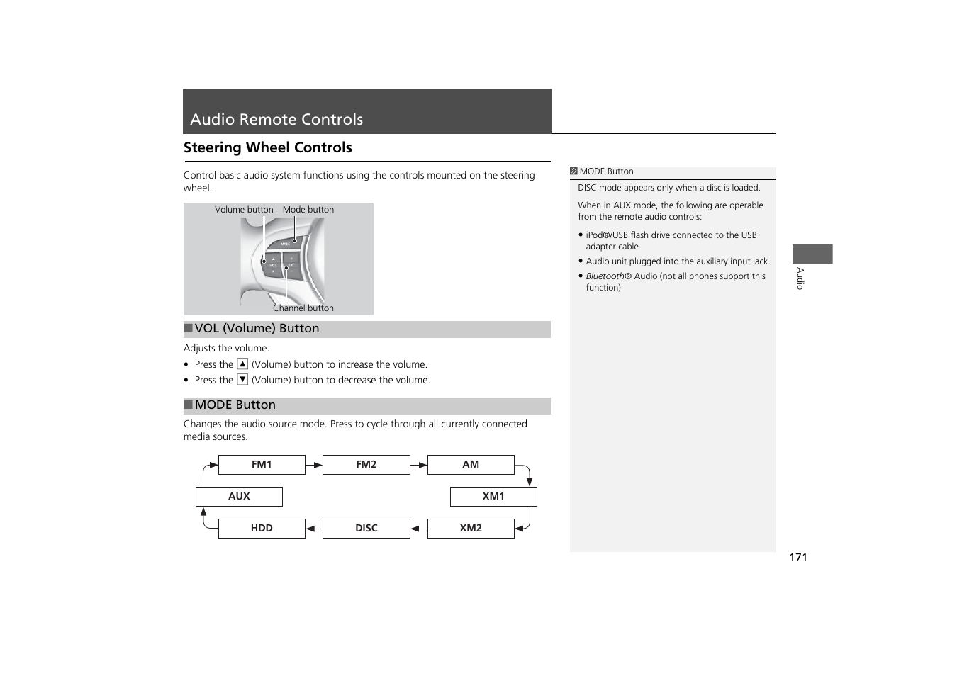 Audio remote controls 171, P171), Audio remote controls | Steering wheel controls | Acura 2014 TSX - Navigation Manual User Manual | Page 173 / 253