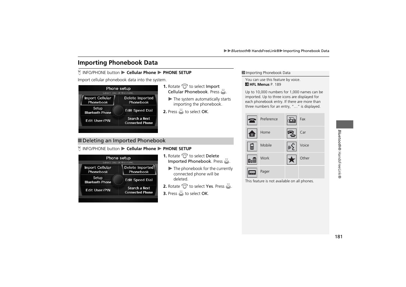 Importing phonebook data 181, Importing phonebook data | Acura 2014 TSX - Navigation Manual User Manual | Page 183 / 253