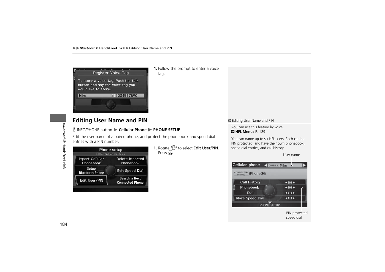 Editing user name and pin 184, Editing user name and pin | Acura 2014 TSX - Navigation Manual User Manual | Page 186 / 253