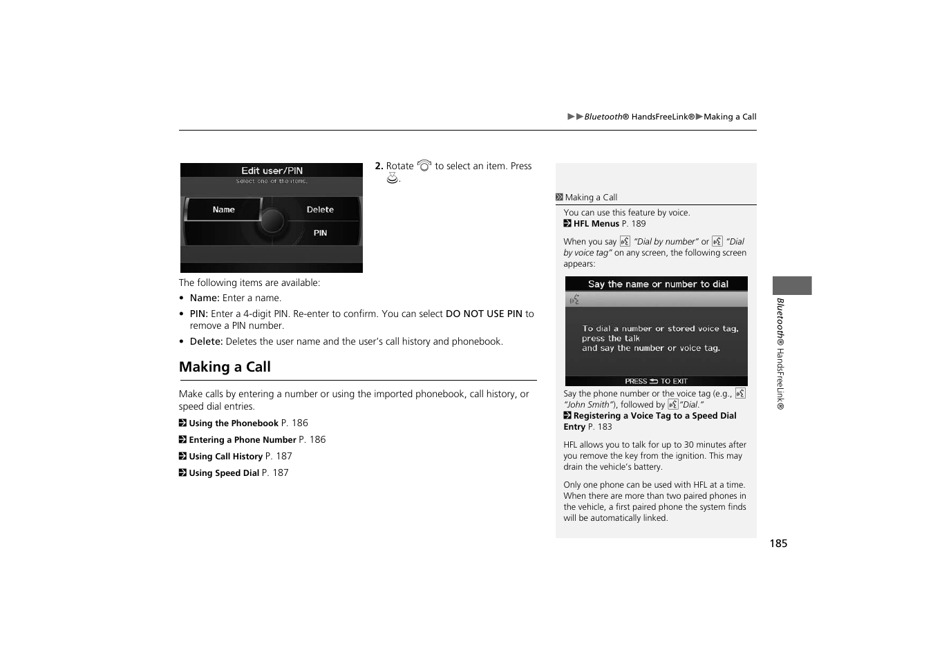 Making a call 185, Making a call | Acura 2014 TSX - Navigation Manual User Manual | Page 187 / 253