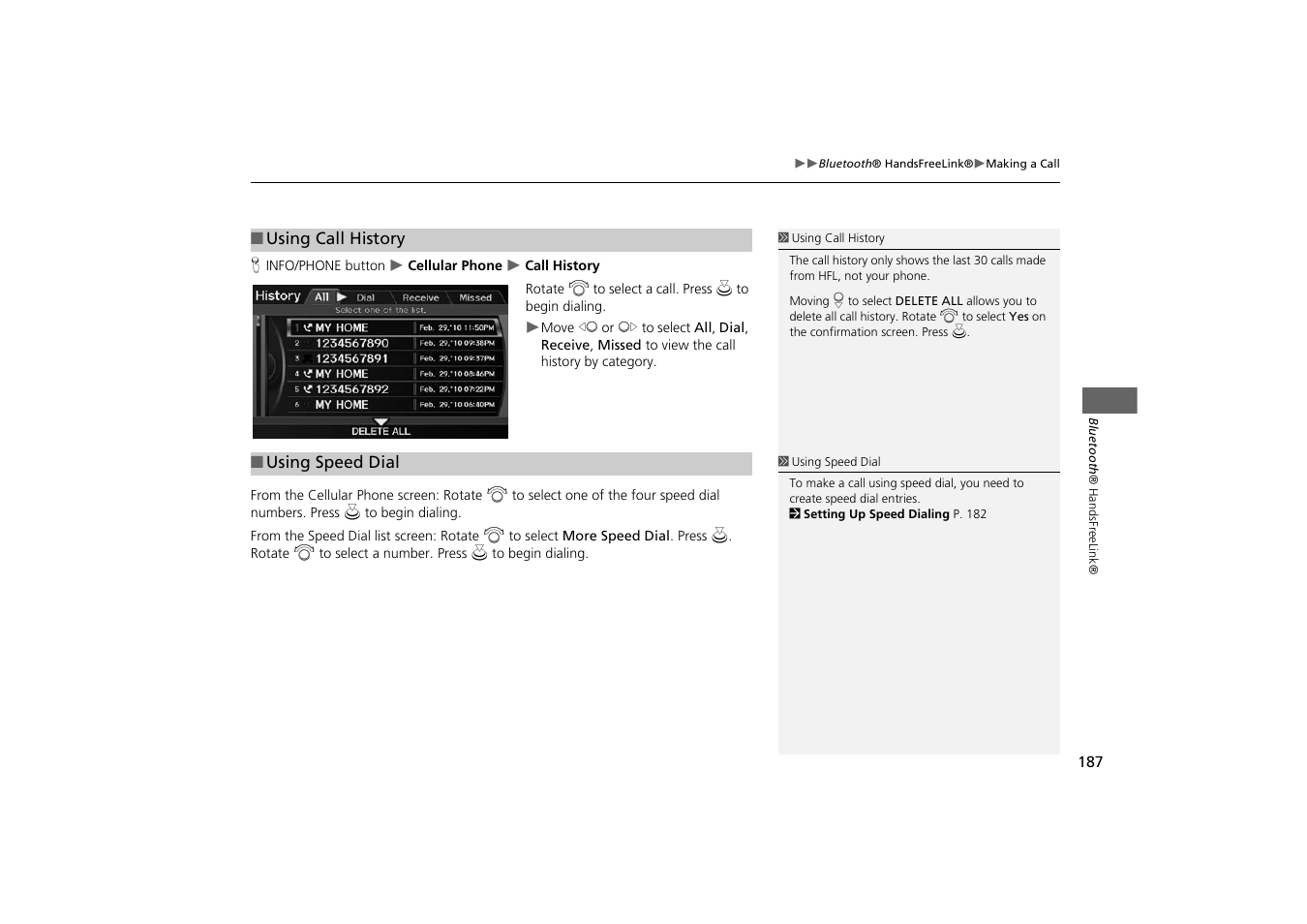 2 using call history, P. 187, 2 using speed dial | Acura 2014 TSX - Navigation Manual User Manual | Page 189 / 253