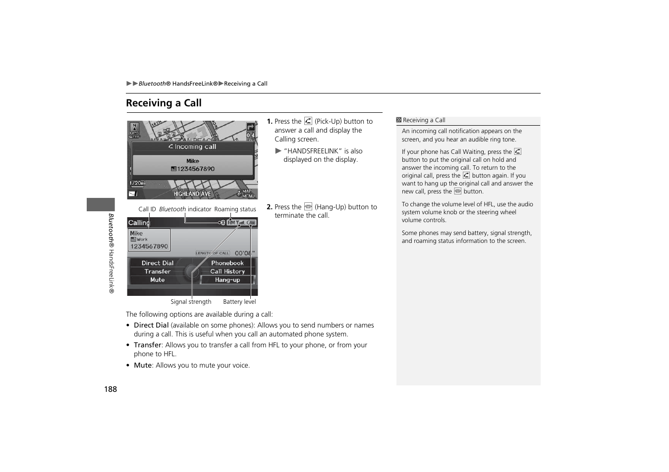 Receiving a call 188, P188), Tton | Receiving a call | Acura 2014 TSX - Navigation Manual User Manual | Page 190 / 253