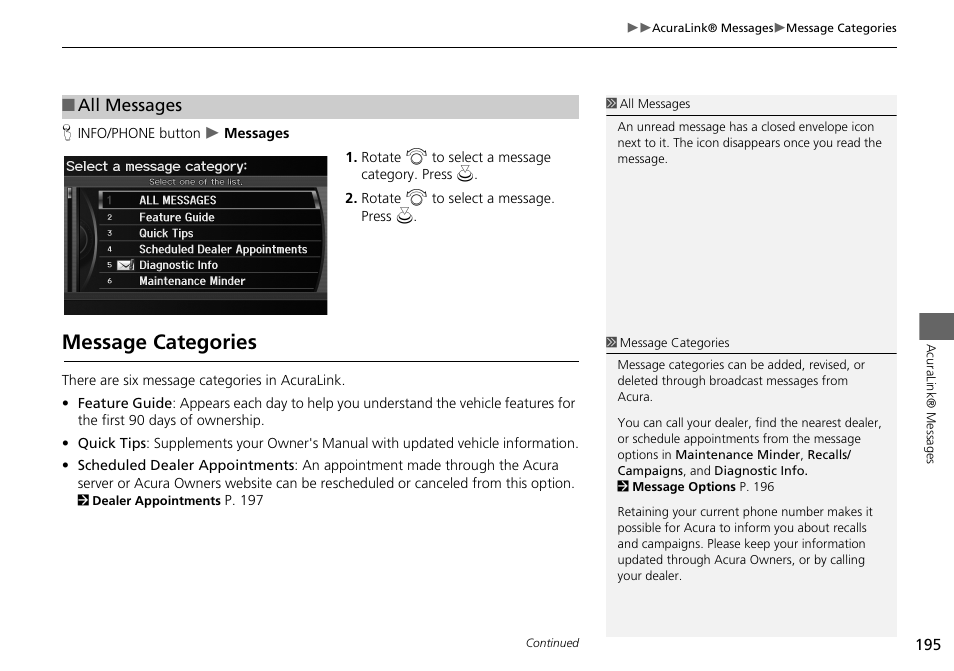 Message categories 195, Message categories | Acura 2014 TSX - Navigation Manual User Manual | Page 197 / 253