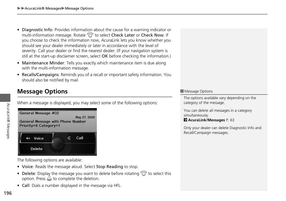 Message options 196, Message options | Acura 2014 TSX - Navigation Manual User Manual | Page 198 / 253