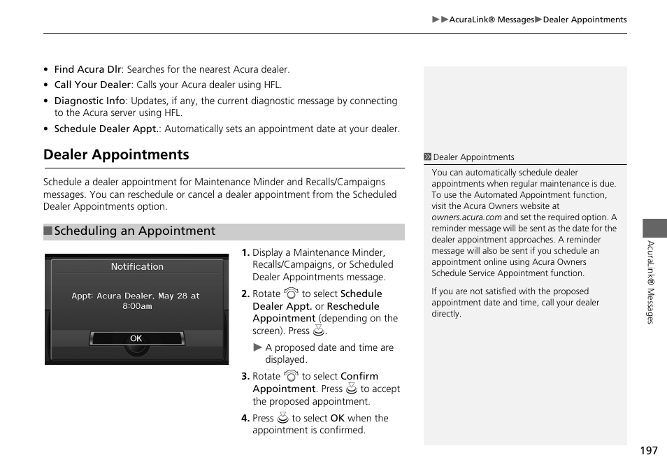 Dealer appointments 197, Dealer appointments | Acura 2014 TSX - Navigation Manual User Manual | Page 199 / 253