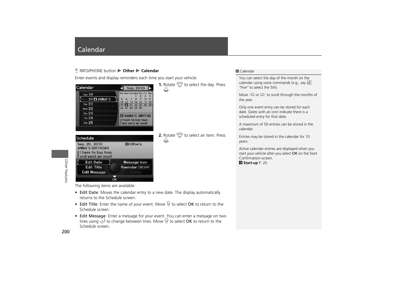 Calendar 200, Calendar | Acura 2014 TSX - Navigation Manual User Manual | Page 202 / 253