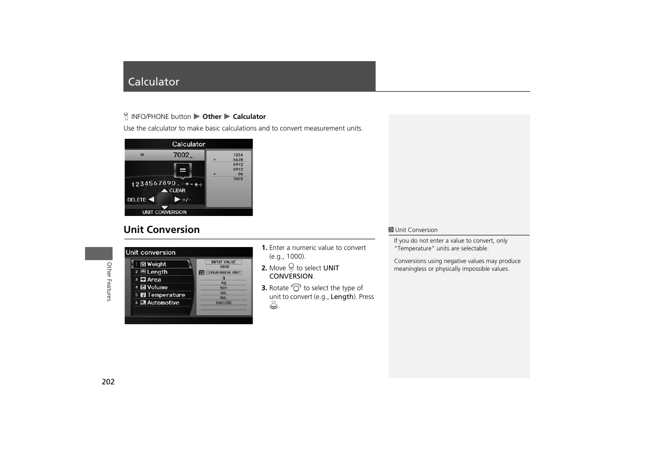 Calculator 202, Calculator, Unit conversion | Acura 2014 TSX - Navigation Manual User Manual | Page 204 / 253