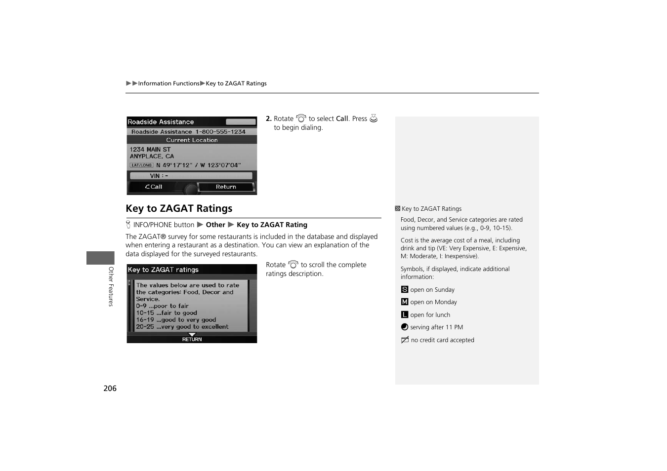 2 key to zagat ratings p. 206, Key to zagat ratings | Acura 2014 TSX - Navigation Manual User Manual | Page 208 / 253