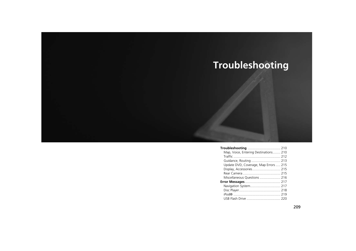 2 troubleshooting p. 209, Troubleshooting, P.209 | Acura 2014 TSX - Navigation Manual User Manual | Page 211 / 253