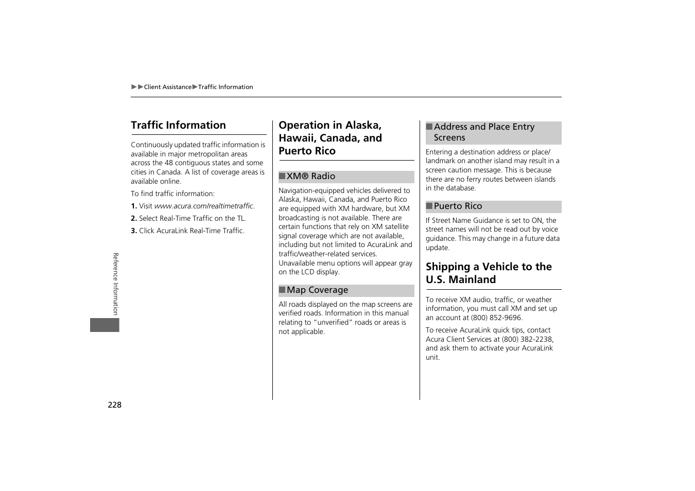 Puerto rico, Shipping a vehicle to the u.s. mainland228, Traffic information | Shipping a vehicle to the u.s. mainland | Acura 2014 TSX - Navigation Manual User Manual | Page 230 / 253