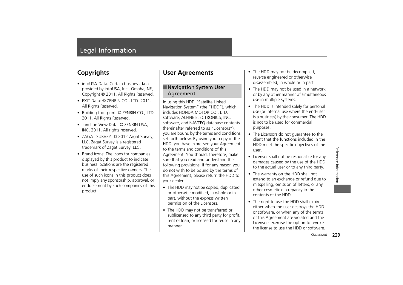 Legal information 229, Legal information, Copyrights user agreements | Copyrights, User agreements | Acura 2014 TSX - Navigation Manual User Manual | Page 231 / 253