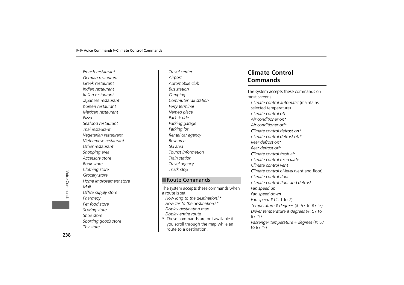 2 route commands p. 238, Climate control commands | Acura 2014 TSX - Navigation Manual User Manual | Page 240 / 253