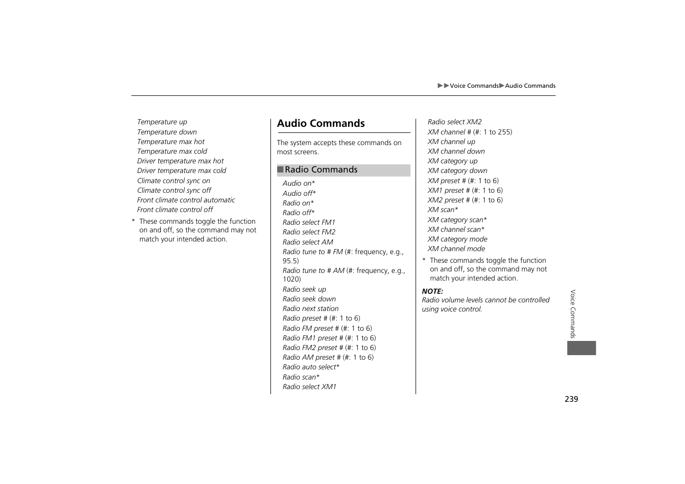 2 radio commands p. 239, Audio commands | Acura 2014 TSX - Navigation Manual User Manual | Page 241 / 253