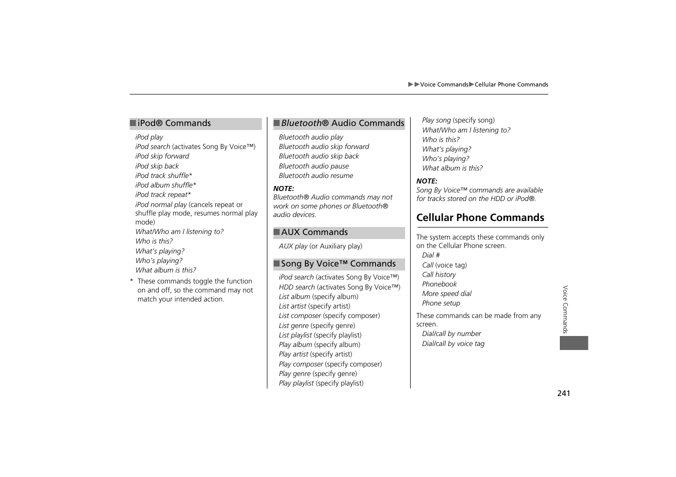 Commands. 2 ipod® commands p. 241, S. 2 song by voice™ commands p. 241, Cellular phone commands | Acura 2014 TSX - Navigation Manual User Manual | Page 243 / 253