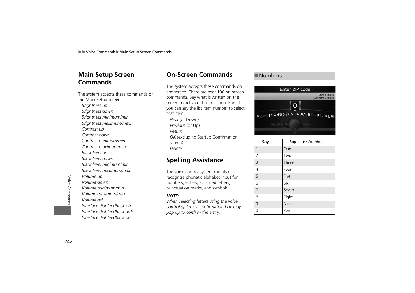 Main setup screen commands, On-screen commands, Spelling assistance | Acura 2014 TSX - Navigation Manual User Manual | Page 244 / 253