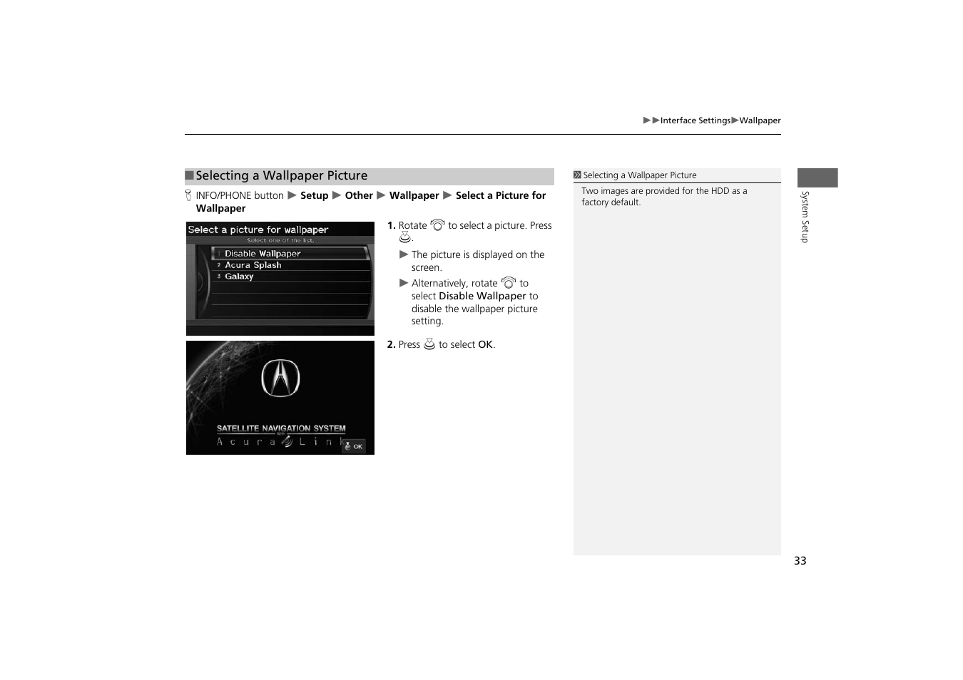 Paper, 2 selecting a wallpaper picture, P. 33 | Acura 2014 TSX - Navigation Manual User Manual | Page 35 / 253