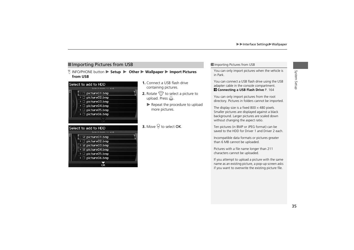 2 importing pictures from usb, P. 35 | Acura 2014 TSX - Navigation Manual User Manual | Page 37 / 253