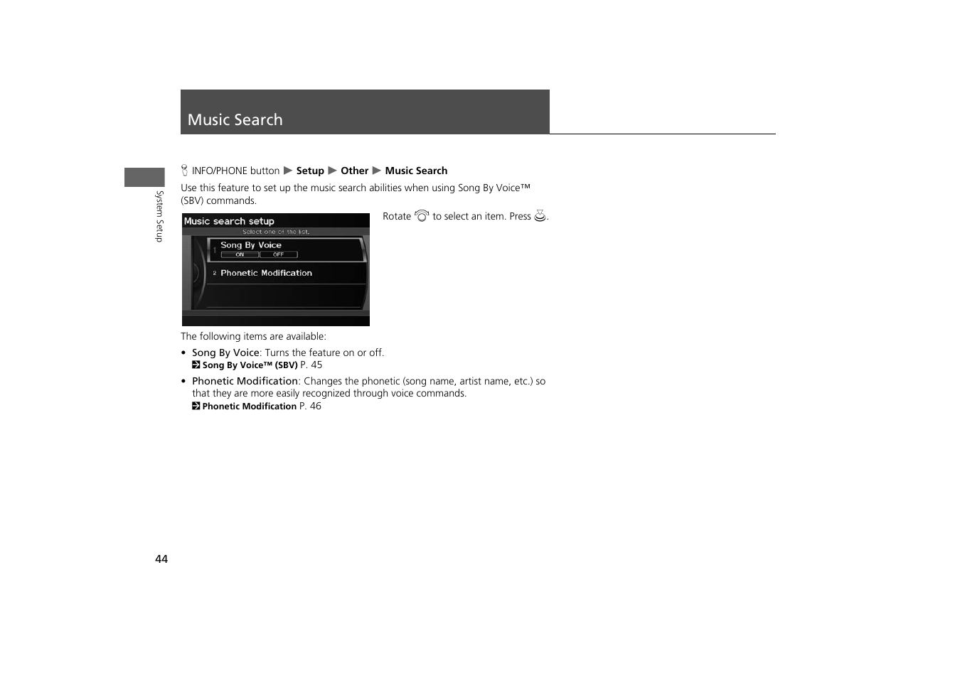 Music search 44, Music search | Acura 2014 TSX - Navigation Manual User Manual | Page 46 / 253