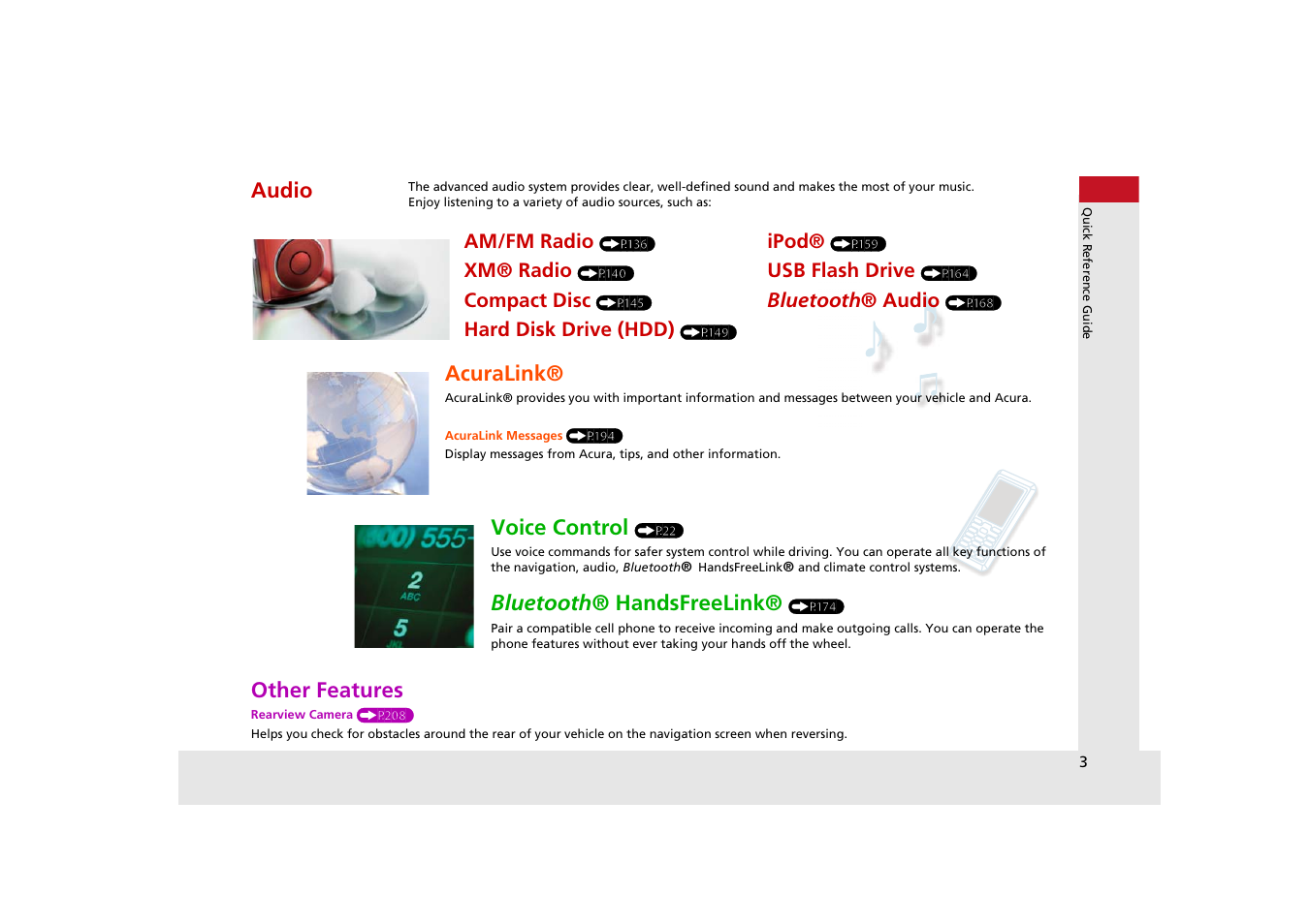 Other features, Audio, Acuralink | Voice control, Bluetooth ® handsfreelink | Acura 2014 TSX - Navigation Manual User Manual | Page 5 / 253