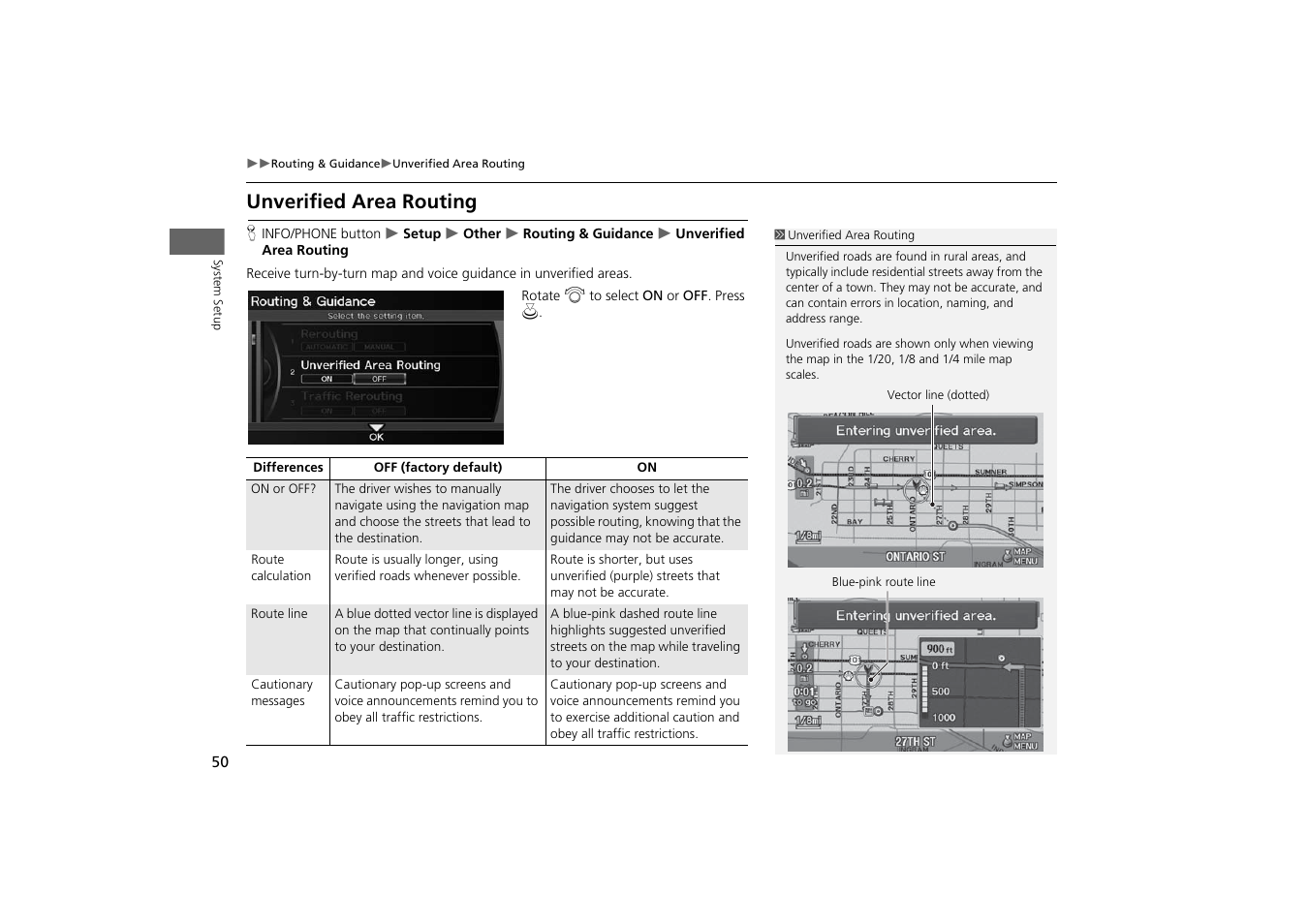 Unverified area routing, 2 unverified area routing, P. 50 | Acura 2014 TSX - Navigation Manual User Manual | Page 52 / 253